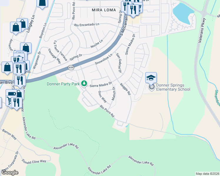 map of restaurants, bars, coffee shops, grocery stores, and more near 4405 Mesa Grande Court in Reno