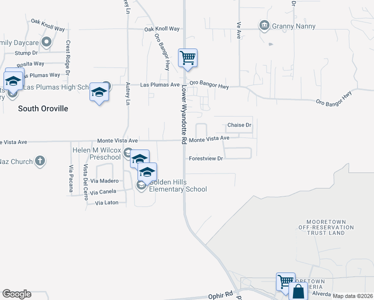 map of restaurants, bars, coffee shops, grocery stores, and more near 5725 Lower Wyandotte Road in Oroville