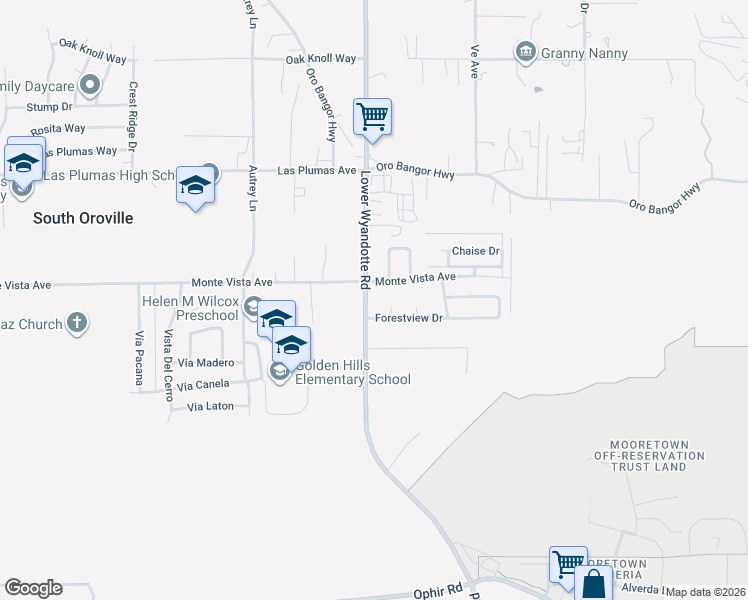 map of restaurants, bars, coffee shops, grocery stores, and more near 5725 Lower Wyandotte Road in Oroville