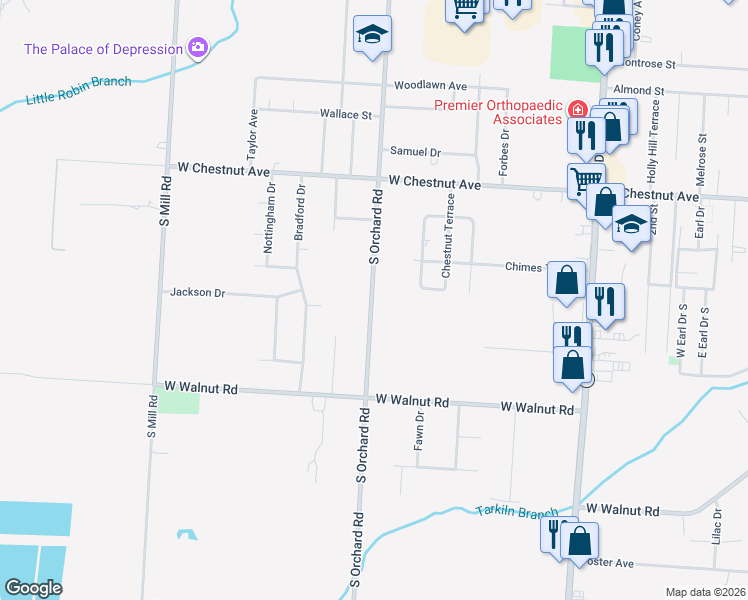 map of restaurants, bars, coffee shops, grocery stores, and more near 809 South Orchard Road in Vineland