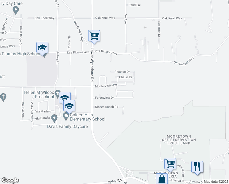 map of restaurants, bars, coffee shops, grocery stores, and more near 5734 Wynoka Way in Oroville