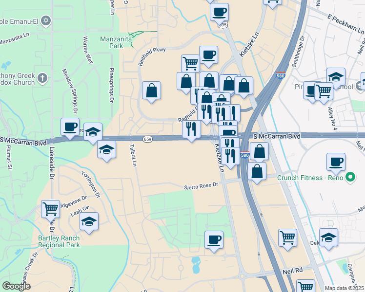 map of restaurants, bars, coffee shops, grocery stores, and more near 605 Sierra Rose Drive in Reno