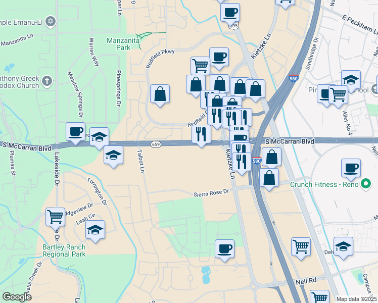 map of restaurants, bars, coffee shops, grocery stores, and more near 6490 South McCarran Boulevard in Reno