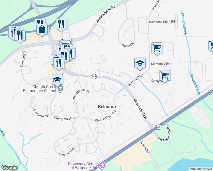 map of restaurants, bars, coffee shops, grocery stores, and more near 1307 Bartley Place in Belcamp