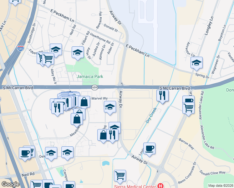 map of restaurants, bars, coffee shops, grocery stores, and more near 1650 Marvel Way in Reno