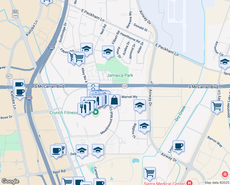 map of restaurants, bars, coffee shops, grocery stores, and more near 5190 Neil Road in Reno