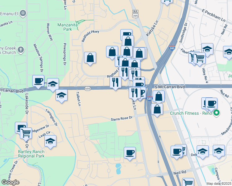 map of restaurants, bars, coffee shops, grocery stores, and more near 605 Sierra Rose Drive in Reno