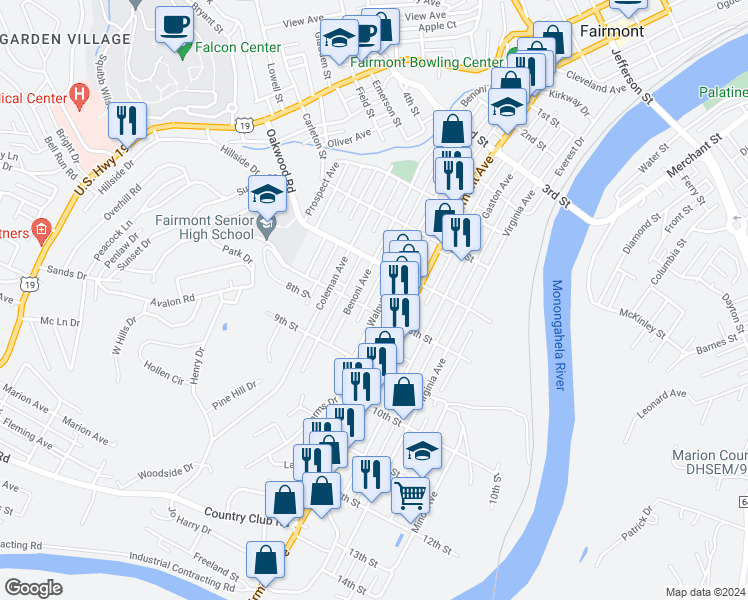 map of restaurants, bars, coffee shops, grocery stores, and more near 811 Walnut Avenue in Fairmont
