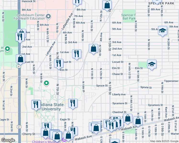 map of restaurants, bars, coffee shops, grocery stores, and more near 1012 Tippecanoe Street in Terre Haute