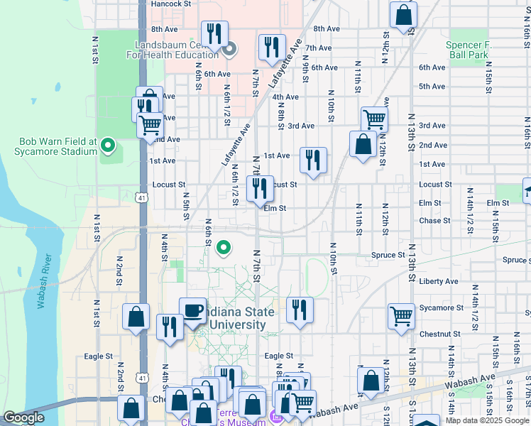 map of restaurants, bars, coffee shops, grocery stores, and more near 721 Elm Street in Terre Haute