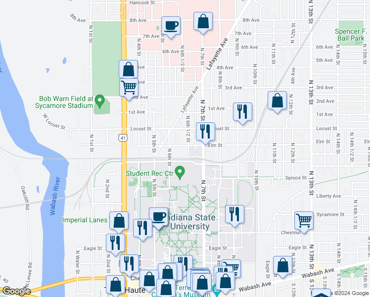 map of restaurants, bars, coffee shops, grocery stores, and more near 710 North 7th Street in Terre Haute