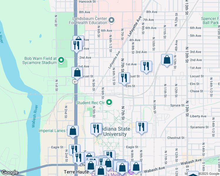 map of restaurants, bars, coffee shops, grocery stores, and more near 715N717 6th Avenue in Terre Haute