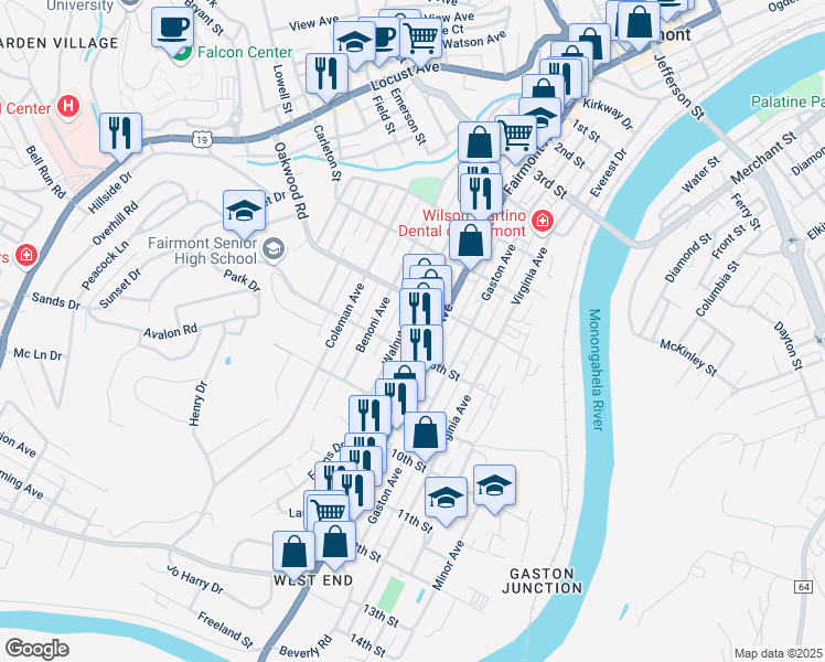 map of restaurants, bars, coffee shops, grocery stores, and more near in Fairmont