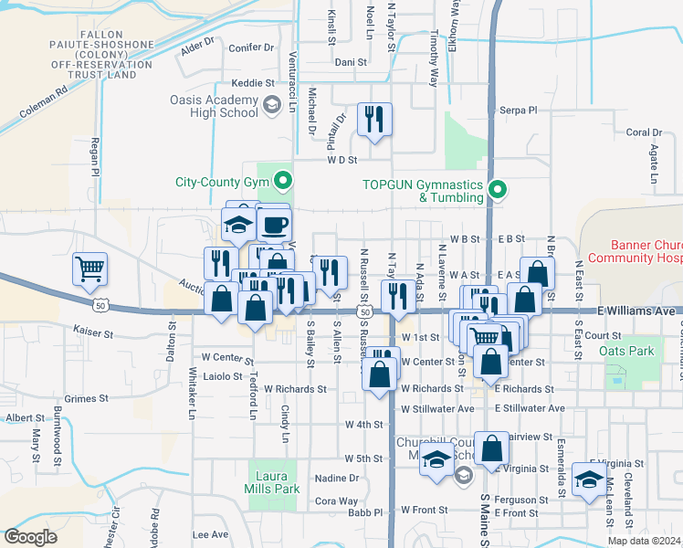 map of restaurants, bars, coffee shops, grocery stores, and more near 580 West A Street in Fallon