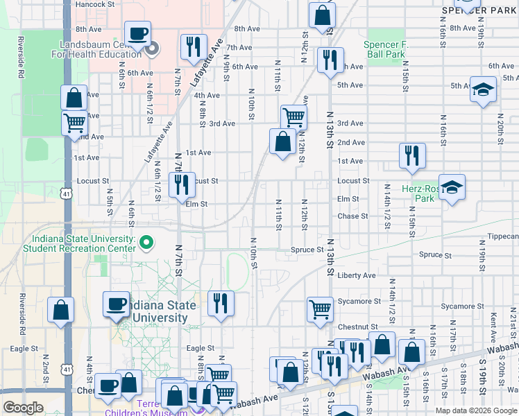 map of restaurants, bars, coffee shops, grocery stores, and more near 1012 Tippecanoe Street in Terre Haute