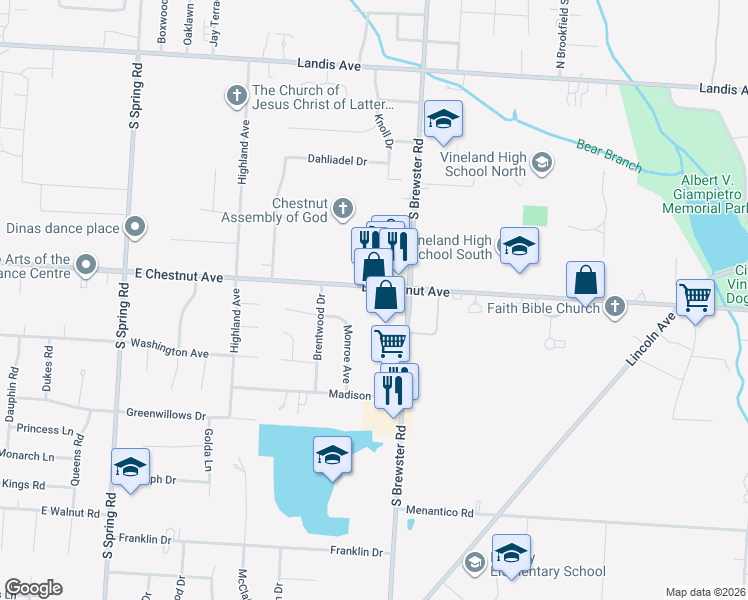 map of restaurants, bars, coffee shops, grocery stores, and more near 2490 Monroe Avenue in Vineland