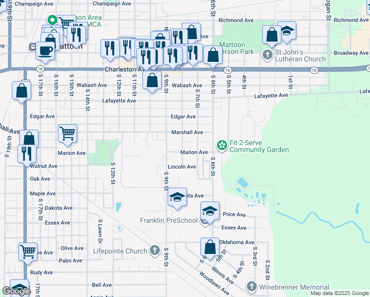 map of restaurants, bars, coffee shops, grocery stores, and more near South 7th Street in Mattoon