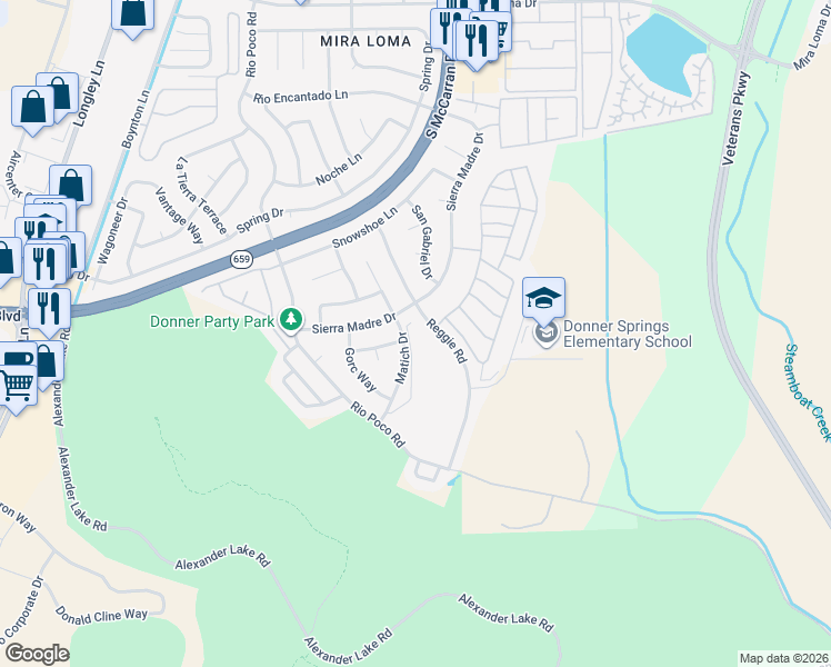 map of restaurants, bars, coffee shops, grocery stores, and more near 4320 Sierra Madre Drive in Reno
