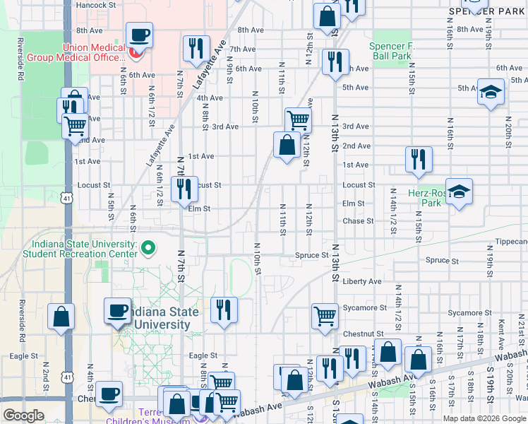 map of restaurants, bars, coffee shops, grocery stores, and more near 817 North 10th Street in Terre Haute
