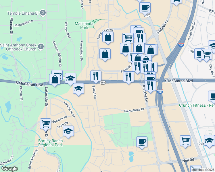 map of restaurants, bars, coffee shops, grocery stores, and more near 800 Redfield Parkway in Reno
