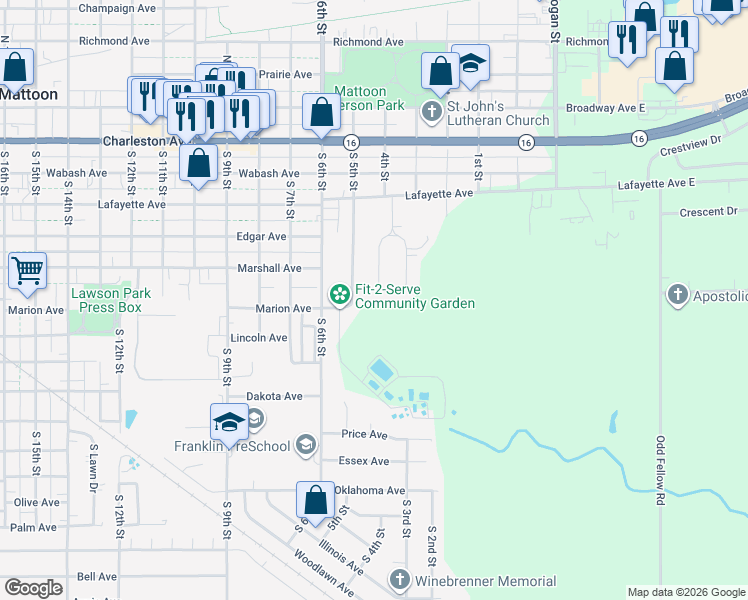 map of restaurants, bars, coffee shops, grocery stores, and more near 33-35 Elm Ridge in Mattoon
