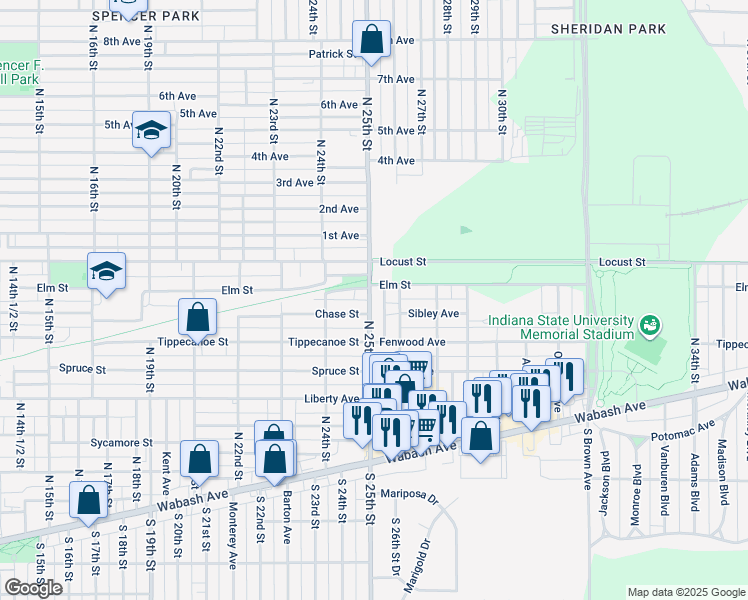map of restaurants, bars, coffee shops, grocery stores, and more near 713 North 25th Street in Terre Haute