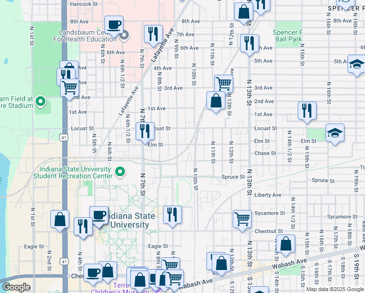 map of restaurants, bars, coffee shops, grocery stores, and more near 801-899 N 9th St in Terre Haute