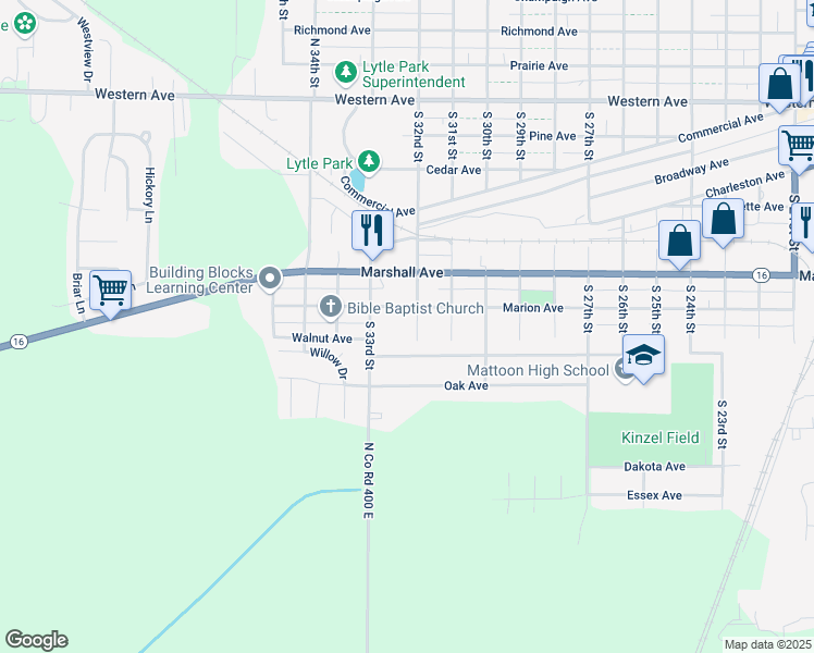 map of restaurants, bars, coffee shops, grocery stores, and more near 3201 Marshall Avenue in Mattoon