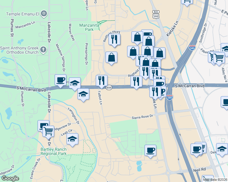 map of restaurants, bars, coffee shops, grocery stores, and more near 800 Redfield Parkway in Reno