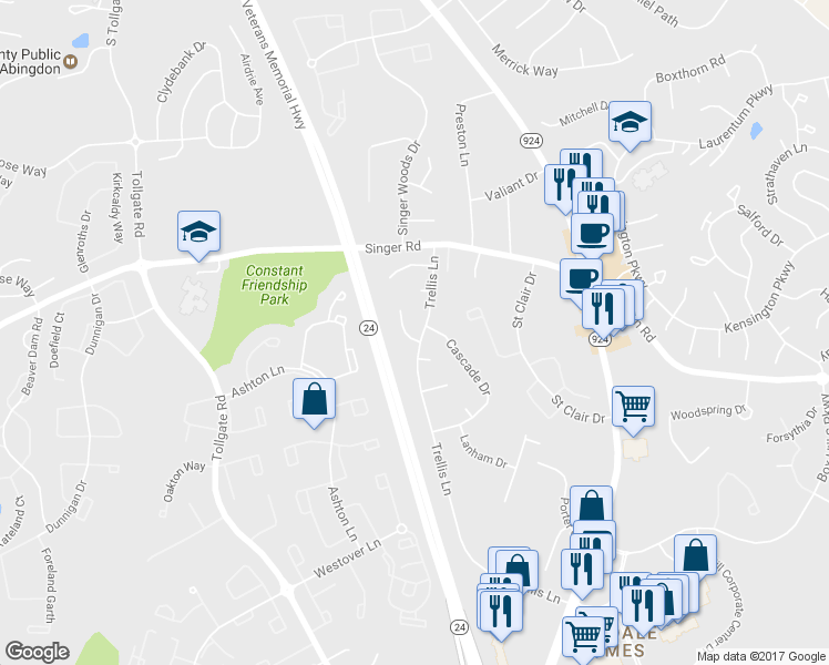 map of restaurants, bars, coffee shops, grocery stores, and more near 2916 Trellis Lane in Abingdon