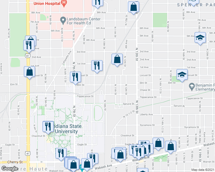 map of restaurants, bars, coffee shops, grocery stores, and more near 817 North 10th Street in Terre Haute