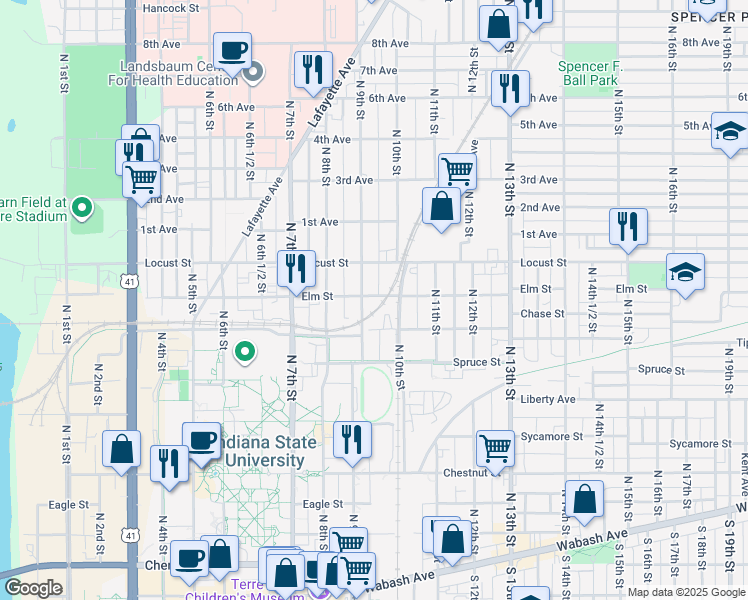 map of restaurants, bars, coffee shops, grocery stores, and more near 801-899 N 9th St in Terre Haute