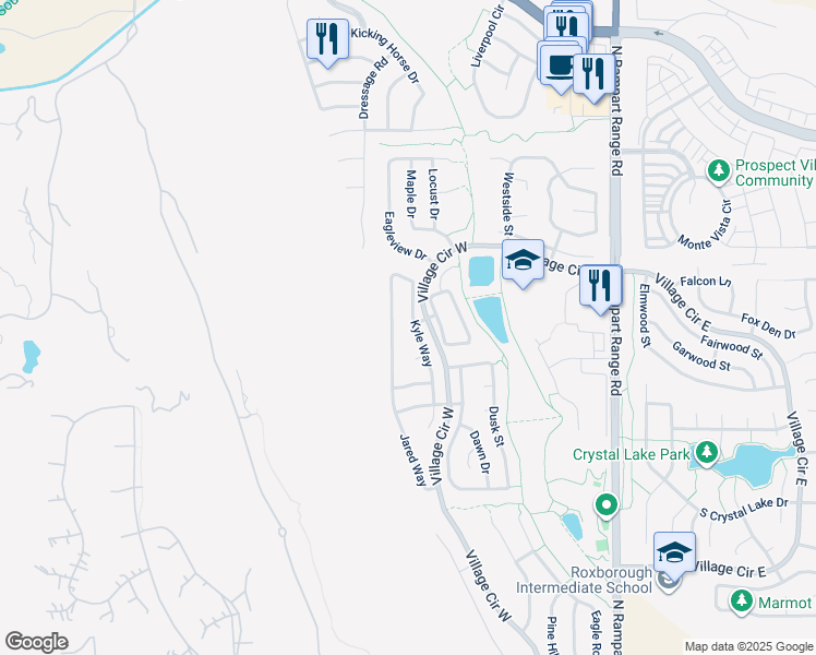 map of restaurants, bars, coffee shops, grocery stores, and more near 7915 Village Circle West in Littleton