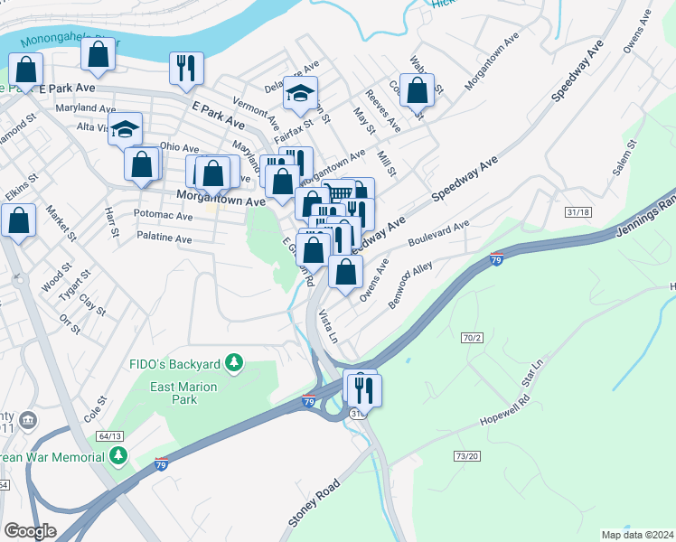 map of restaurants, bars, coffee shops, grocery stores, and more near 1002 East Park Avenue in Fairmont