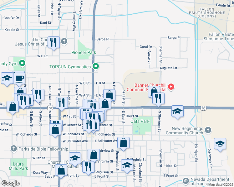 map of restaurants, bars, coffee shops, grocery stores, and more near 205 East A Street in Fallon