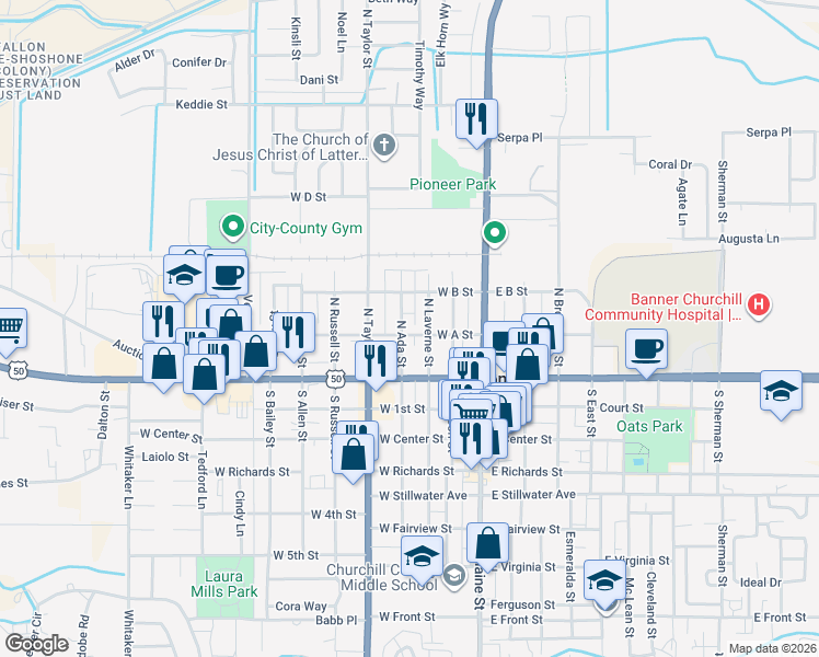 map of restaurants, bars, coffee shops, grocery stores, and more near 165 North Ada Street in Fallon