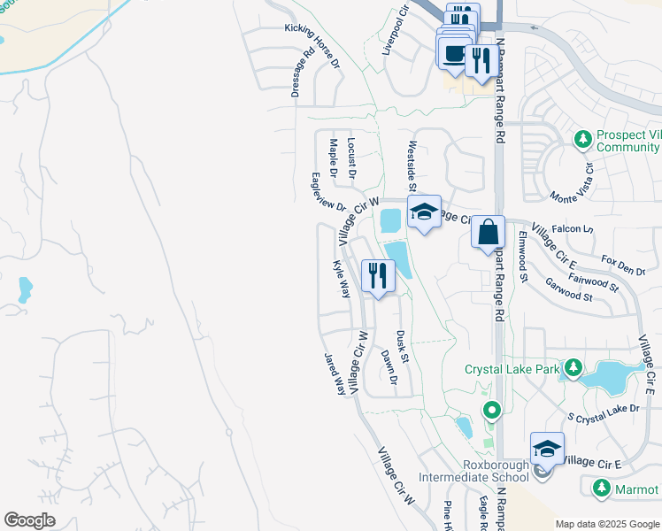 map of restaurants, bars, coffee shops, grocery stores, and more near 7915 Village Circle West in Littleton