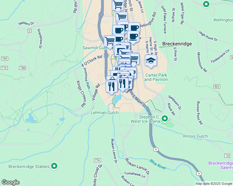 map of restaurants, bars, coffee shops, grocery stores, and more near 600 Colorado 9 in Breckenridge