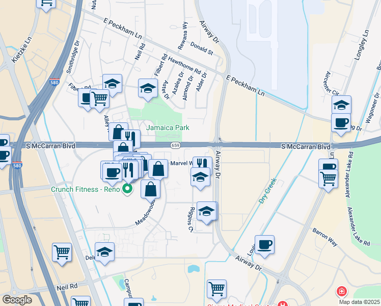 map of restaurants, bars, coffee shops, grocery stores, and more near in Reno