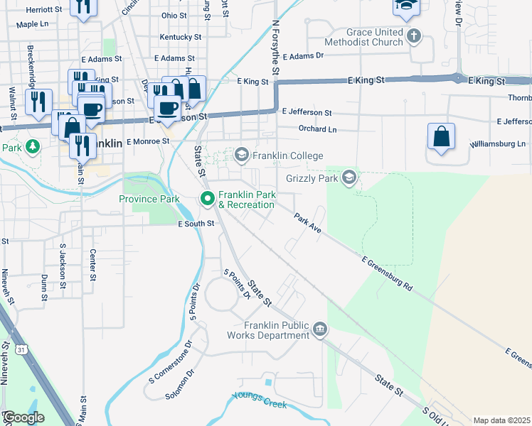 map of restaurants, bars, coffee shops, grocery stores, and more near 349 1st Street in Franklin