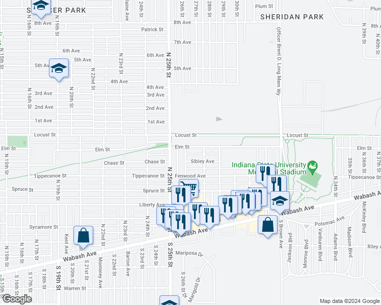 map of restaurants, bars, coffee shops, grocery stores, and more near National Road Heritage Trail (Terre Haute) in Terre Haute