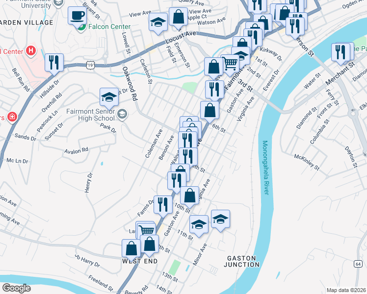 map of restaurants, bars, coffee shops, grocery stores, and more near 604 7th Street in Fairmont
