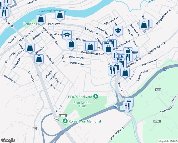 map of restaurants, bars, coffee shops, grocery stores, and more near 715 Grandview Ave in Fairmont