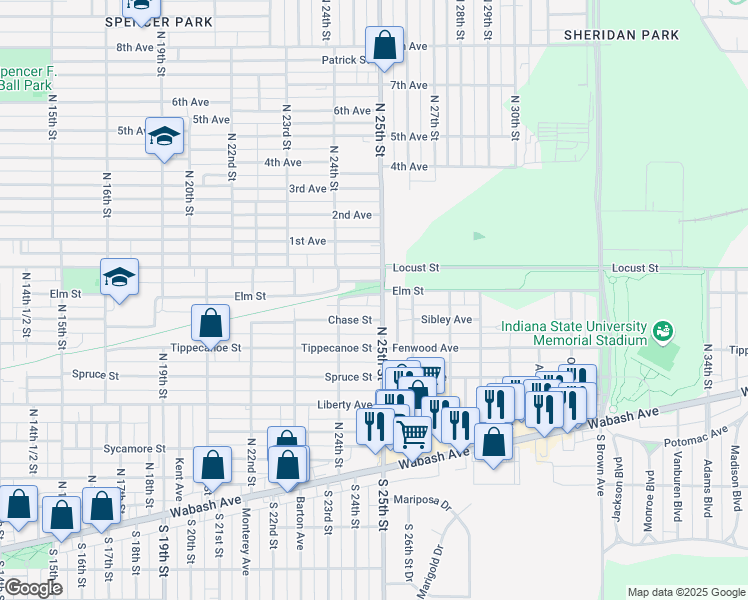 map of restaurants, bars, coffee shops, grocery stores, and more near 724 North 25th Street in Terre Haute