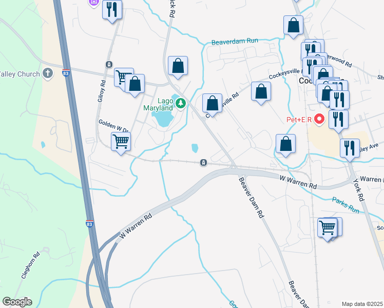 map of restaurants, bars, coffee shops, grocery stores, and more near 10708 Beaver Dam Road in Cockeysville