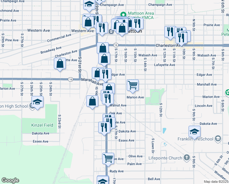 map of restaurants, bars, coffee shops, grocery stores, and more near 601-699 S 17th St in Mattoon