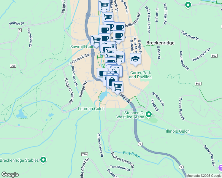 map of restaurants, bars, coffee shops, grocery stores, and more near 505 South Main Street in Breckenridge