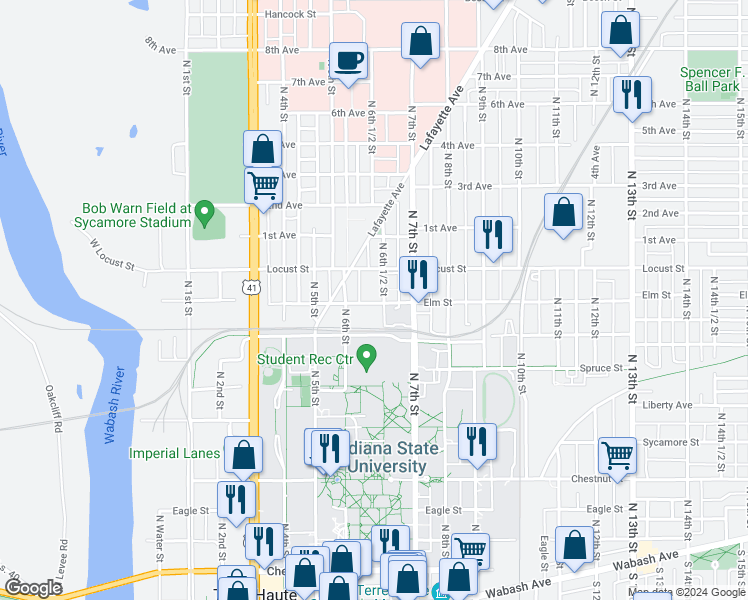 map of restaurants, bars, coffee shops, grocery stores, and more near 825 North 6th Street in Terre Haute