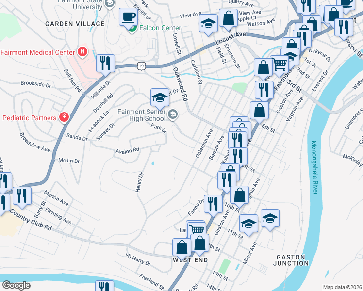 map of restaurants, bars, coffee shops, grocery stores, and more near 16 Outlook Road in Fairmont