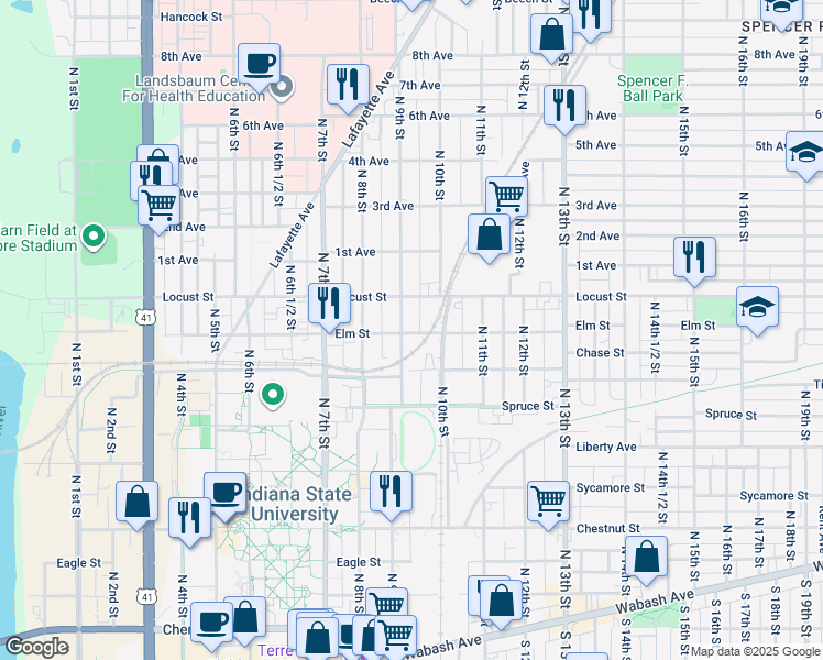 map of restaurants, bars, coffee shops, grocery stores, and more near 801 North 9th Street in Terre Haute